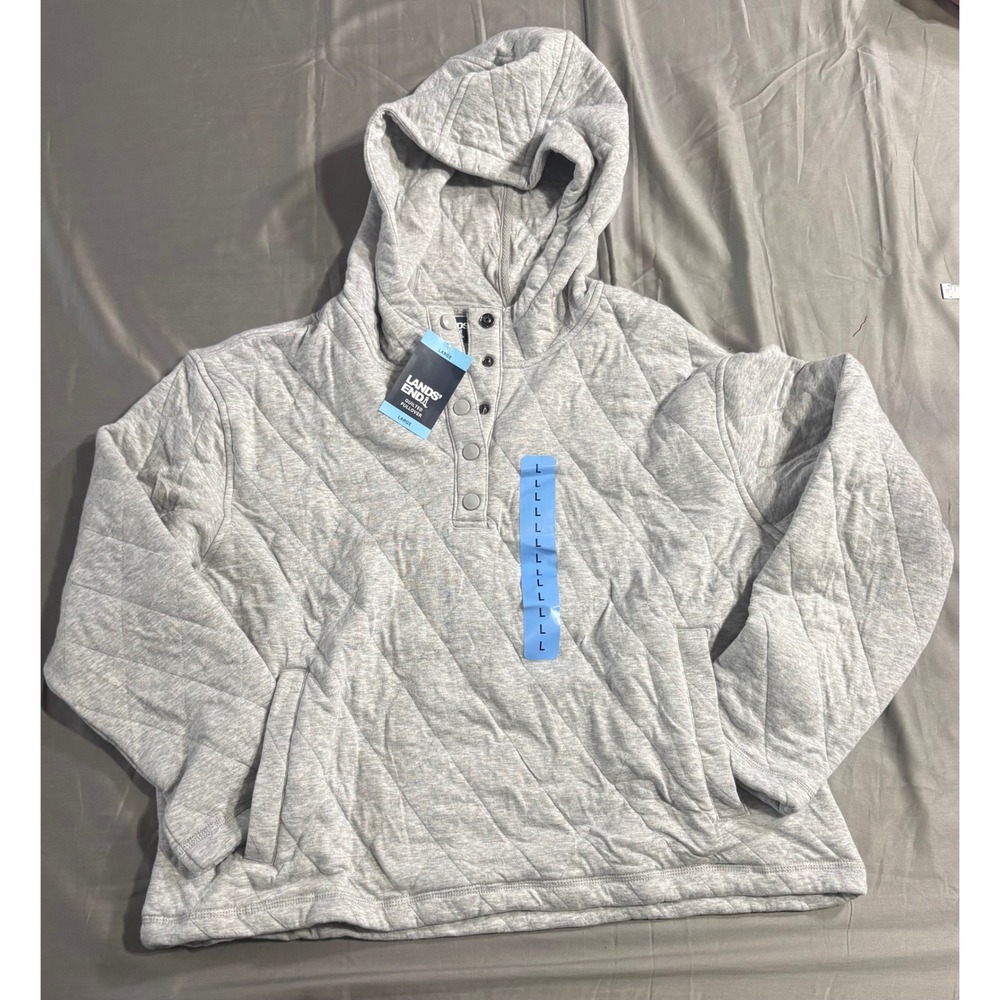 Lands End Women Quilted Pullover Hoodie Gray Snap Neck Large L 12-14 NEW
